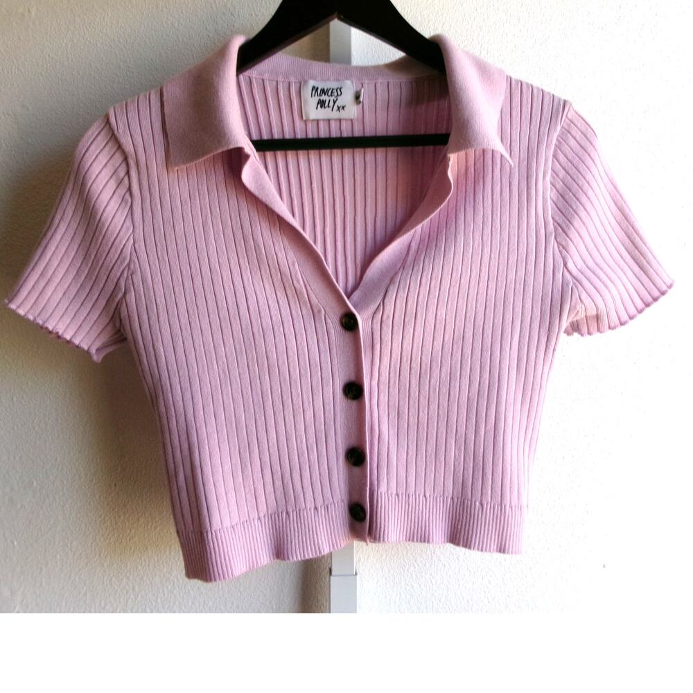 Princess Polly Pink Ribbed Knit Collared Button Front Crop Top M/L